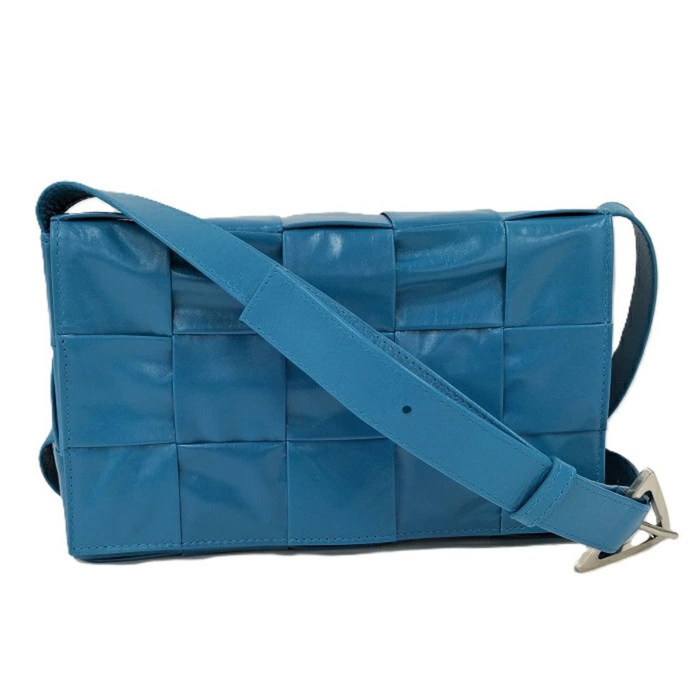 Bottega Veneta Cassette Shoulder Bag Intrecciato Leather Blue